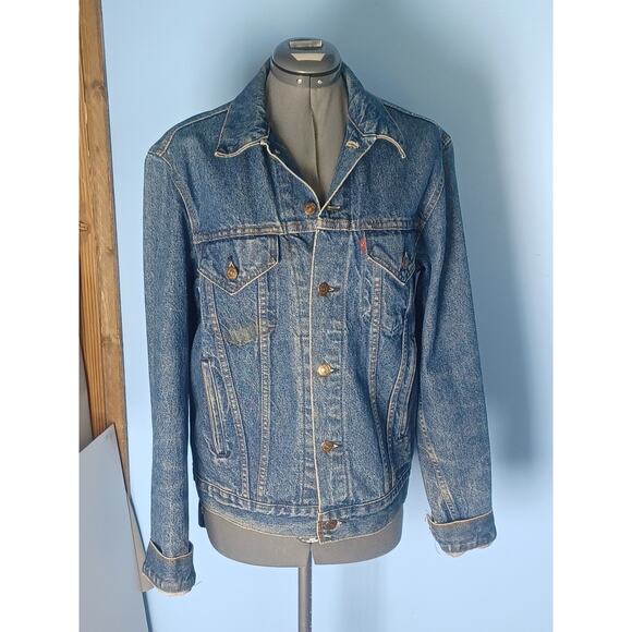 Vintage Levi Strauss 90's Dark Blue Jean Jacket Coat Button Size 40L Rider/Biker - Picture 2 of 15